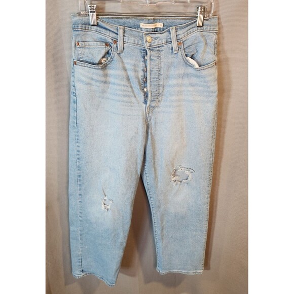 LEVI'S Ribcage Straight Ankle Jeans Womens 31 (31x26) Blue Button Fly Distressed - Picture 1 of 9